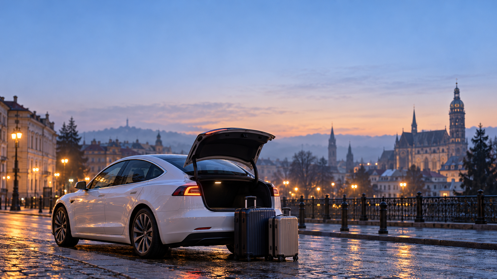 Biely elektromobil E-TAXI s otvoreným kufrom pri náklade batožiny v ranných Košiciach, pripravený na transfer na letisko Budapešť.